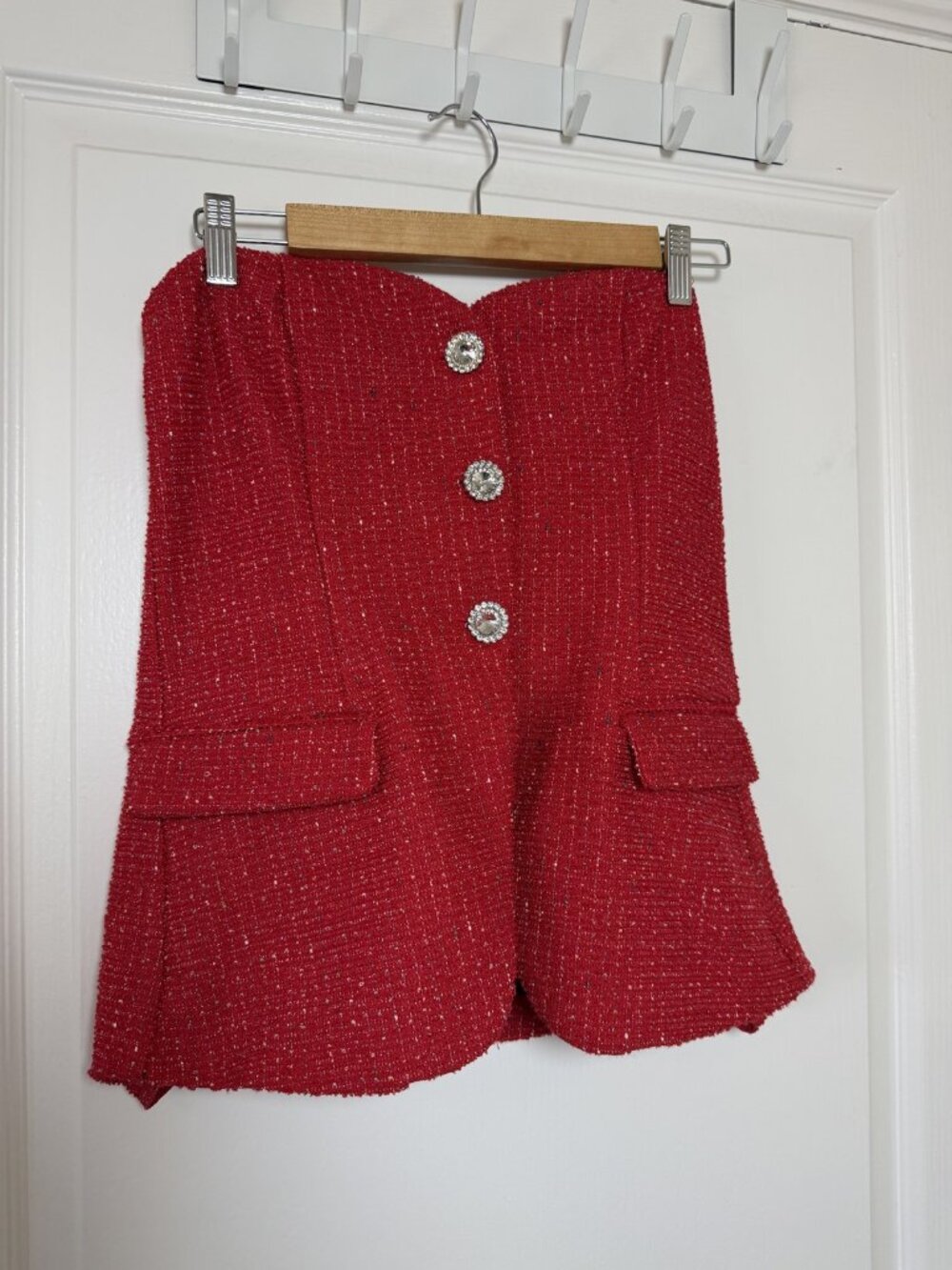 Maeve Red Tweed Strapless Bustier Top Jeweled Buttons Sweetheart Holiday S